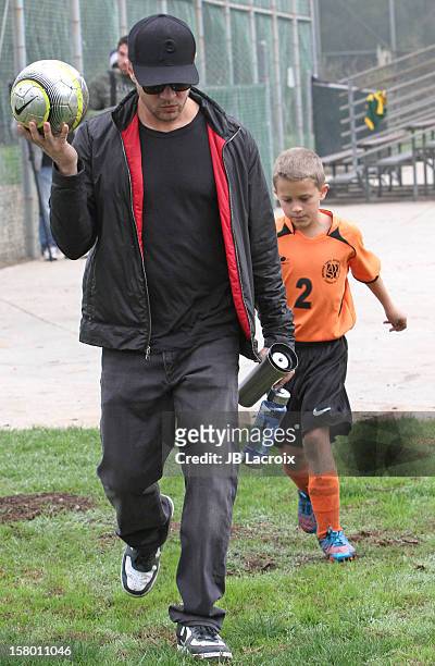 Deacon Phillippe and Ryan Phillippe attend a soccer game in Pacific Palisades on December 8, 2012 in Los Angeles, California.