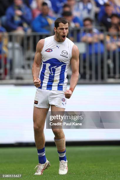 Tristan Xerri of the Kangaroos celebrates a goal during the round 20 AFL match between West Coast Eagles and North Melbourne Kangaroos at Optus...