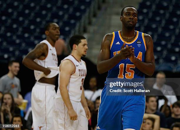 Shabazz Muhammad of the UCLA Bruins celebrates after a victory over the Texas Longhorns 65-63 during the MD Anderson Proton Therapy Showcase at...
