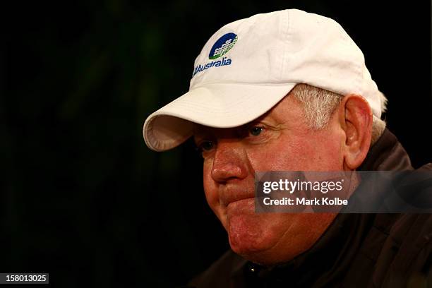 Golf Australia Director of Tournaments, Trevor Herden, speaks to the media during an update on round four of the 2012 Australian Open after play was...