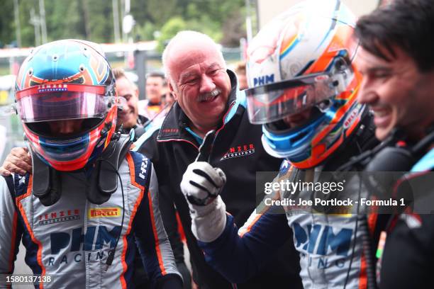 Andreas Jenzer, Team Principal of Jenzer Motorsport celebrates in parc ferme with Race winner Taylor Barnard of Great Britain and Jenzer Motorsport...