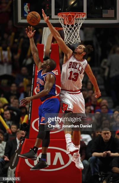 Raymond Felton of the New York Knicks puts up a shot against Joakim Noah of the Chicago Bulls on his way to a game-high 27 points at the United...