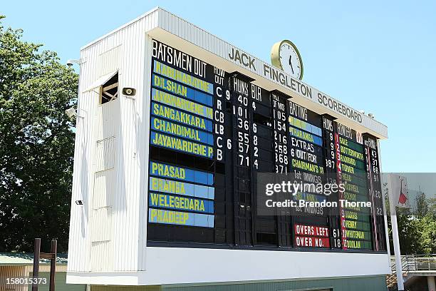 The Jack Fingleton Scoreboard stands during an international tour match between The Chairman's XI and Sri Lanka at Manuka Oval on December 8, 2012 in...