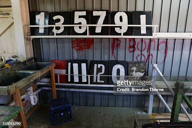 Numerical boards are stacked inside The Jack Fingleton Scoreboard during an international tour match between the Chairman's XI and Sri Lanka at...