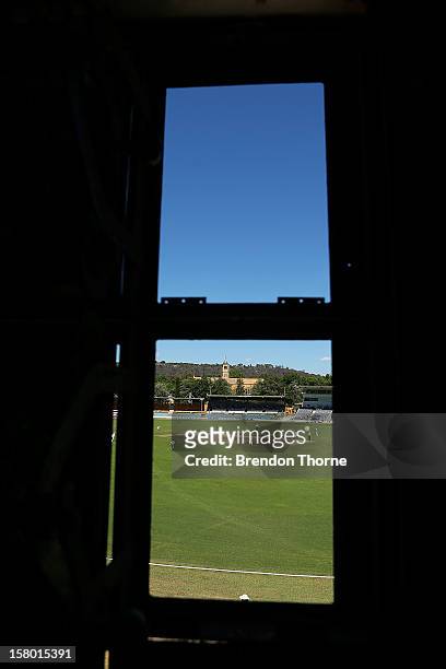 General view of play during an international tour match between the Chairman's XI and Sri Lanka from inside The Jack Fingleton Scoreboard at Manuka...