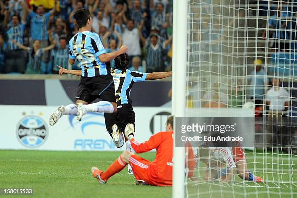 Marcelo Moreno, from Grêmio, celebrates goal during a match between Gremio and Hamburgo from Germany as part of the inauguration of Arena stadium on...