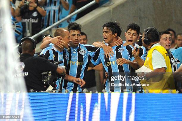 Marcelo Moreno, from Grêmio, celebrates goal during a match between Gremio and Hamburgo from Germany as part of the inauguration of Arena stadium on...