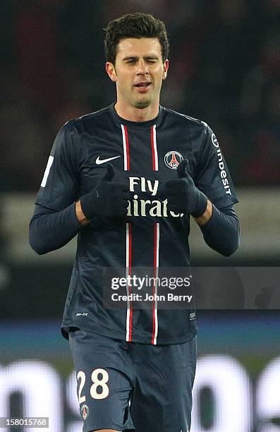 Thiago Motta of PSG celebrates his goal during the French Ligue 1 match between Paris Saint Germain FC and Evian Thonon Gaillard FC at the Parc des...