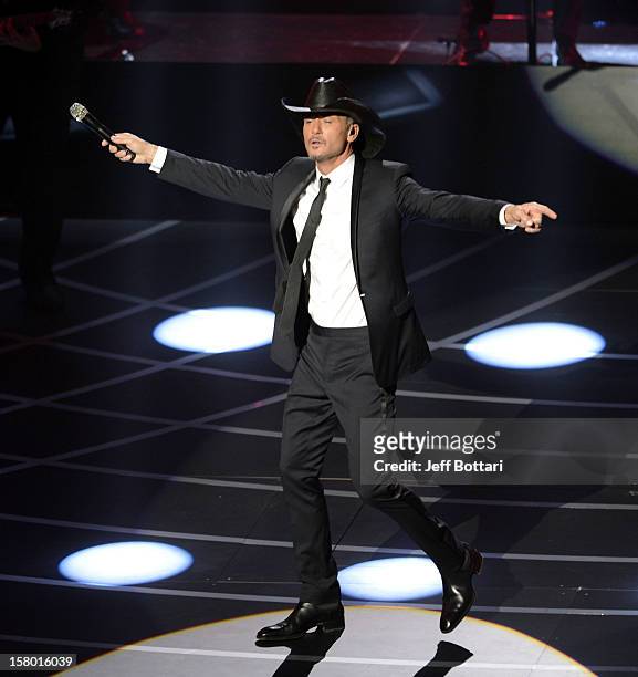 Singer/songwriter Tim McGraw performs during the opening weekend of his limited-engagement "Soul2Soul" show with his wife, singer Faith Hill, at The...