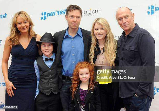 Actors Megyn Price, Aidan Potter, George Newbern, Francesca Capaldi, Taylor Spreitler and Corbin Bernsen arrive at the screening of "3 Day Test" held...