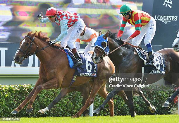 Gerald Mosse riding Red Cadeaux celebrates on the line after defeating Douglas Whyte riding Jaguar Mail in The Longines Hong Kong Vase during the...