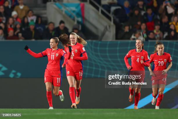 Guro Reiten of Norway celebrates after scoring their sides fifth goal from the penalty spot during the FIFA Women's World Cup Australia & New Zealand...