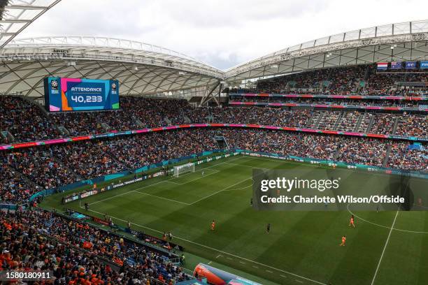 General view of Stadium Australia as the big screens show the match attendance during the FIFA Women's World Cup Australia & New Zealand 2023 Round...