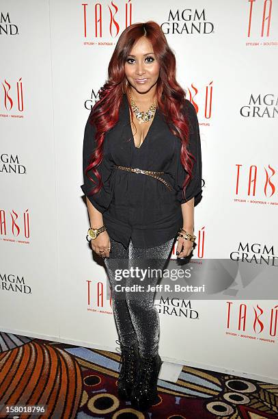 Television personality Nicole "Snooki" Polizzi arrives at the Tabu Ultra Lounge at the MGM Grand Hotel/Casino to host a post-fight party on December...