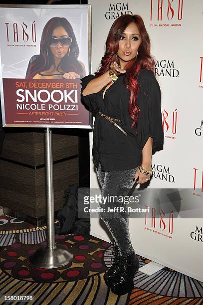 Television personality Nicole "Snooki" Polizzi arrives at the Tabu Ultra Lounge at the MGM Grand Hotel/Casino to host a post-fight party on December...