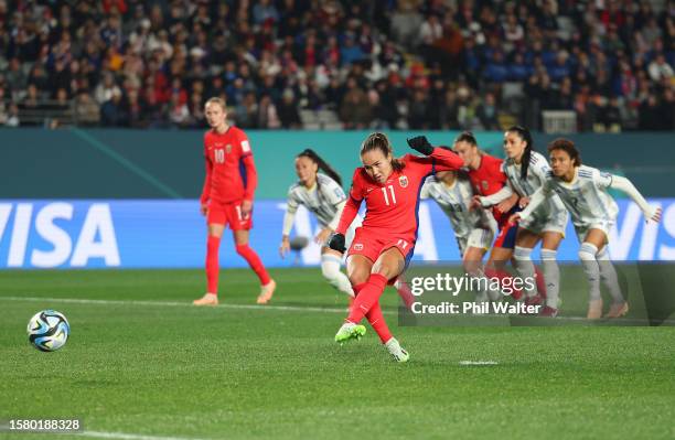 Guro Reiten of Norway scores their sides fifth goal from the penalty spot during the FIFA Women's World Cup Australia & New Zealand 2023 Group A...
