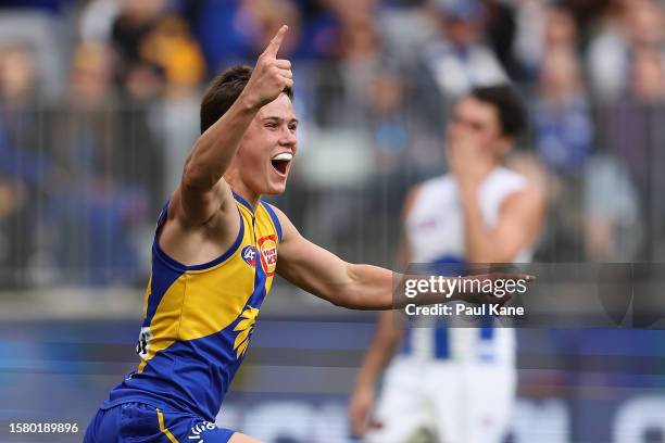 Noah Long of the Eagles celebrates a goal during the round 20 AFL match between West Coast Eagles and North Melbourne Kangaroos at Optus Stadium, on...