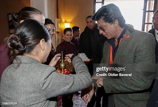 Indian actor Shahrukh Khan receives gifts at Tal Palace Marrakech Hotel during the Tribute To Hindi Cinema at 12th International Marrakech Film...