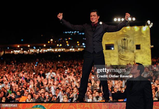 Indian actor Shahrukh Khan poses at Jemaa El Fna place during the Tribute To Hindi Cinema at 12th International Marrakech Film Festival on December...