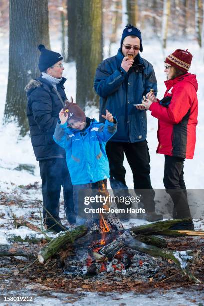 Visitor warm themselves over to a camp fire after choosing and cutting down their Christmas trees in a forest on on December 8, 2012 in Fischbach,...