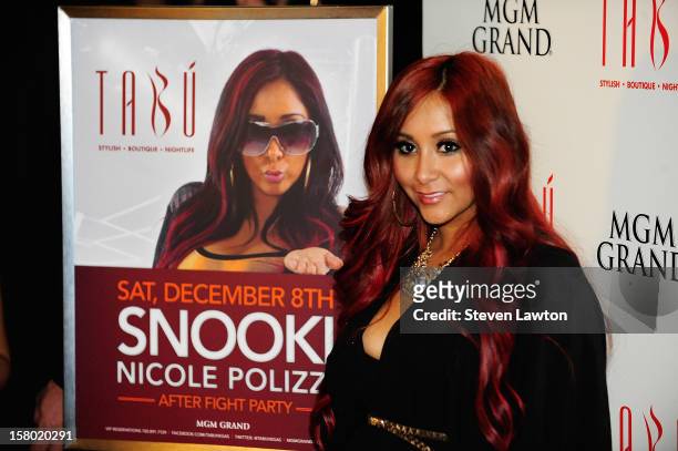 Television personality Nicole "Snooki" Polizzi arrives for a post-fight party at the Tabu Ultra Lounge at the MGM Grand Hotel/Casino on December 8,...