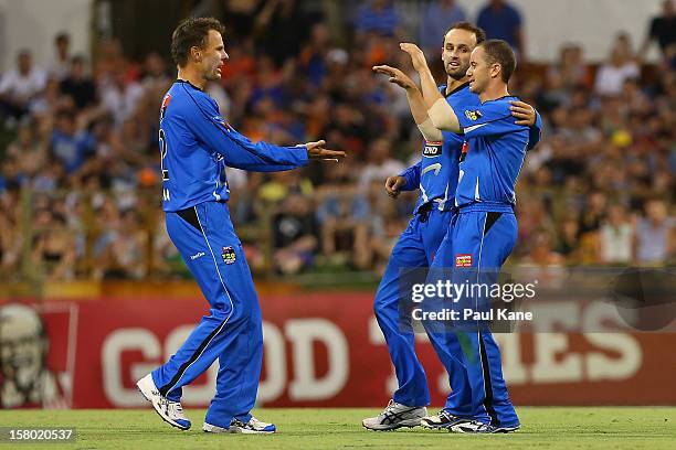 Johan Botha, Nathan Lyon and Michael Klinger of the Strikers celebrate the dismissal of Shaun Marsh of the Scorchers during the Big Bash League match...