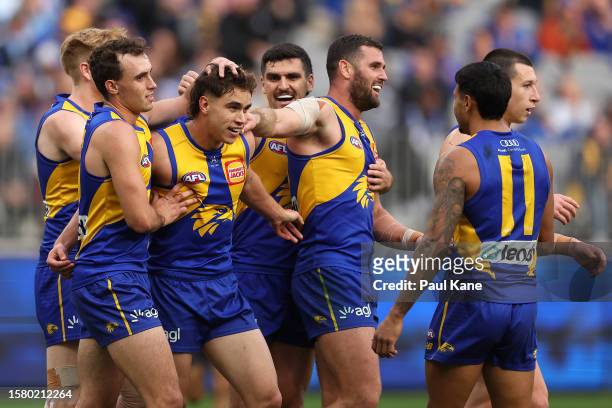 Elijah Hewett of the Eagles celebrates a goal during the round 20 AFL match between West Coast Eagles and North Melbourne Kangaroos at Optus Stadium,...