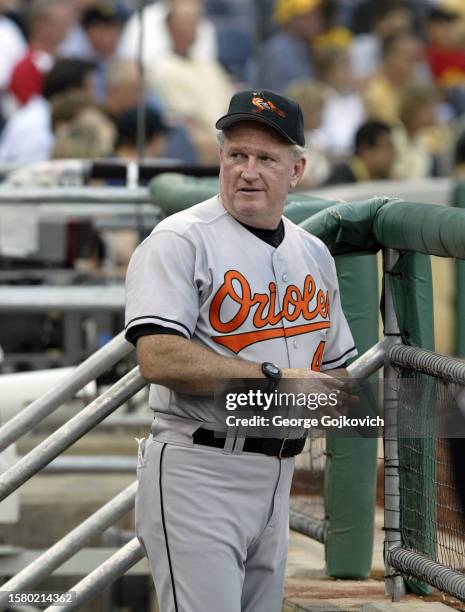 Hitting coach Terry Crowley of the Baltimore Orioles looks on from the dugout during a game against the Pittsburgh Pirates at PNC Park on June 7,...