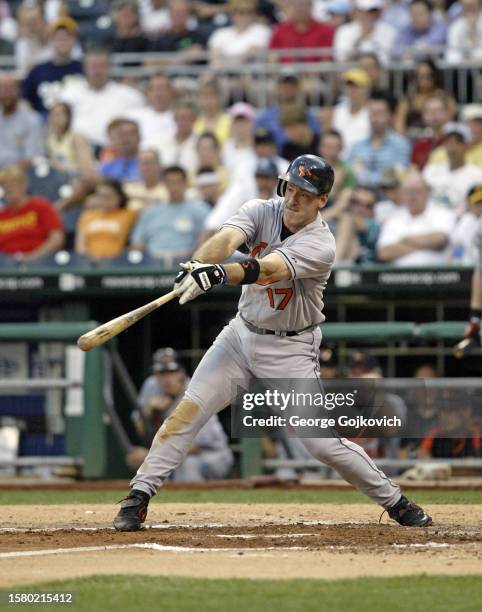 Surhoff of the Baltimore Orioles bats against the Pittsburgh Pirates during a game at PNC Park on June 7, 2005 in Pittsburgh, Pennsylvania. The...