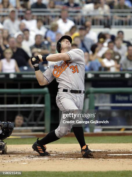 Jay Gibbons of the Baltimore Orioles bats against the Pittsburgh Pirates during a game at PNC Park on June 7, 2005 in Pittsburgh, Pennsylvania. The...