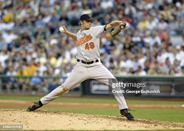 Pitcher Hayden Penn of the Baltimore Orioles pitches against the Pittsburgh Pirates during a game at PNC Park on June 7, 2005 in Pittsburgh,...
