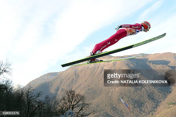 Germany's Richard Freitag jumps during the men's normal hill individual at the FIS Ski Jumping World Cup tournament in Sochi on December 9, 2012....