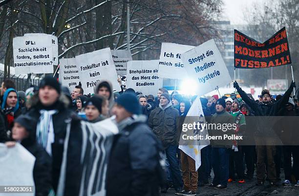 Fans of Hannover and Leverkusen protest against new Security Guideline plans prior to the Bundesliga match between Hannover 96 and Bayer 04...