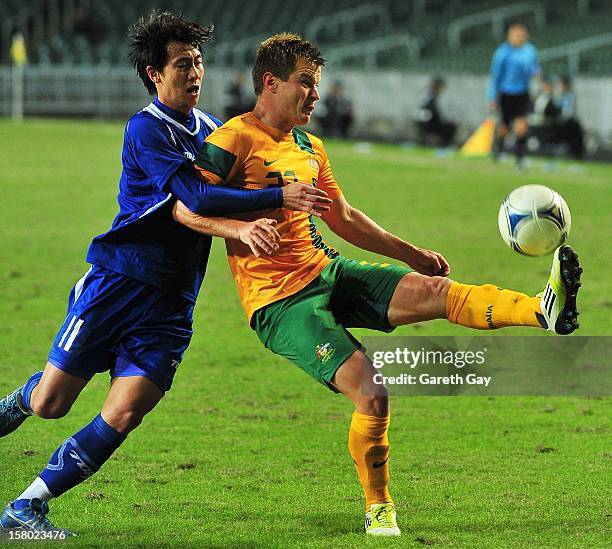 Scott Jamieson of Australia controls the ball during the EAFF East Asian Cup 2013 Qualifying match between Chinese Tapei and the Australian Socceroos...