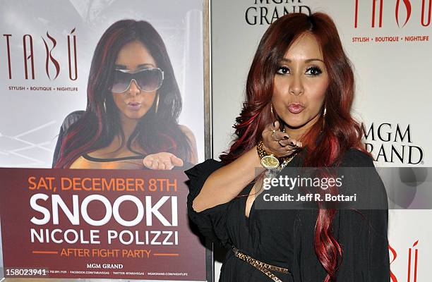 Television personality Nicole "Snooki" Polizzi arrives at the Tabu Ultra Lounge at the MGM Grand Hotel/Casino to host a post-fight party on December...