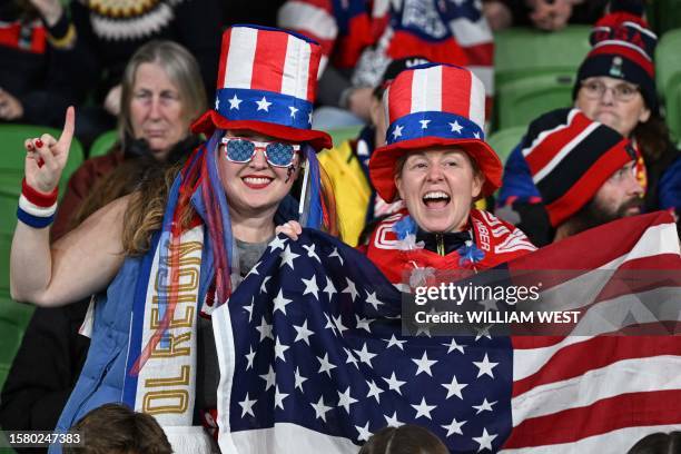 Supporters of the US are seen prior to the Australia and New Zealand 2023 Women's World Cup round of 16 football match between Sweden and USA at...