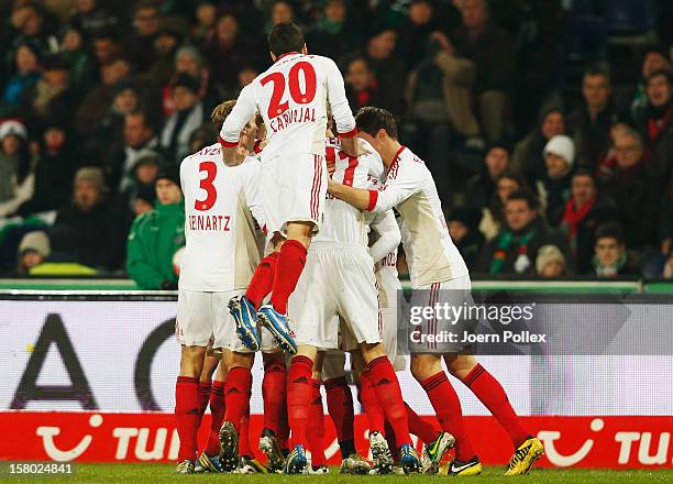 The team of Leverkusen celebrates after Gonzalo Castro scoed his team's first goal during the Bundesliga match between Hannover 96 and Bayer 04...