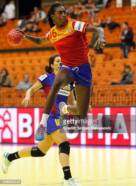 Alexandrina Cabral Barbosa of Spain jump to score during the Women's European Handball Championship 2012 Group II main round match between Spain and...