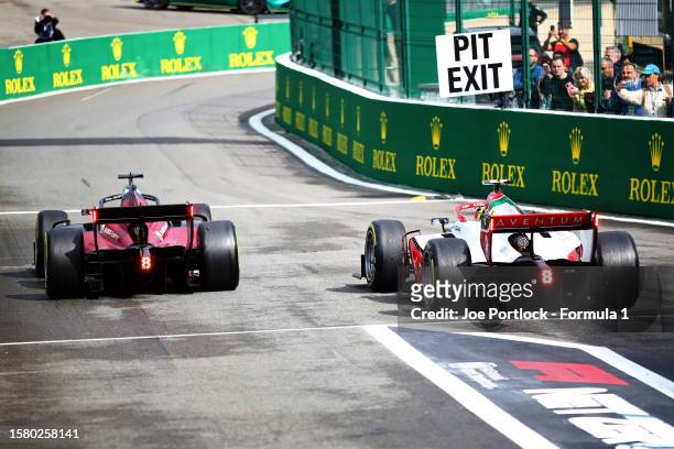 Theo Pourchaire of France and ART Grand Prix leads Oliver Bearman of Great Britain and PREMA Racing in the Pitlane after they both made pitstops...