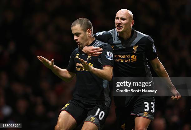 Joe Cole of Liverpool celebrates his goal with Jonjo Shelvey during the Barclays Premier League match between West Ham United and Liverpool at the...