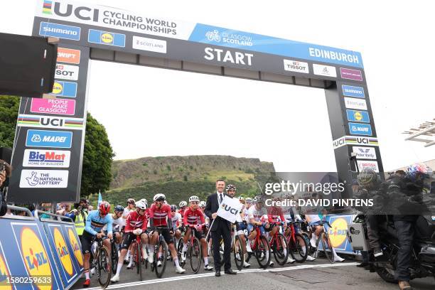 President David Lappartient pictured at the start of the men elite road race at the UCI World Championships Cycling 1km from Edinburgh to Glasgow,...