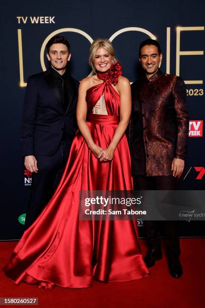 Sam Taunton, Sarah Harris and Waleed Aly attends the 63rd TV WEEK Logie Awards at The Star, Sydney on July 30, 2023 in Sydney, Australia.