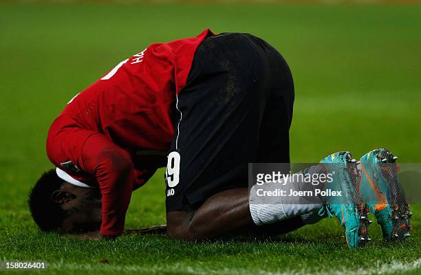 Mame Biram Diouf of Hannover celebrates after scoring his team's second goal during the Bundesliga match between Hannover 96 and Bayer 04 Leverkusen...