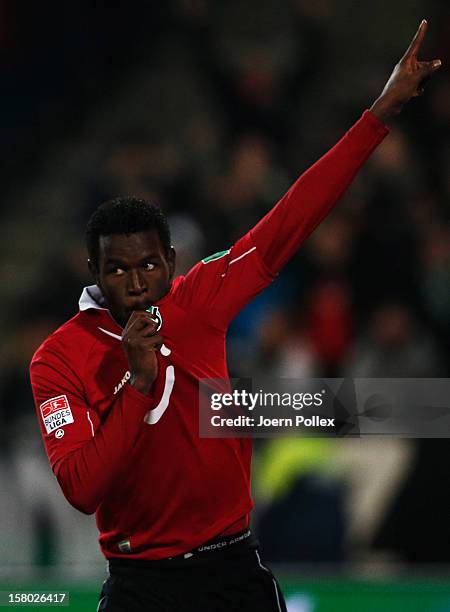 Mame Biram Diouf of Hannover celebrates after scoring his team's second goal during the Bundesliga match between Hannover 96 and Bayer 04 Leverkusen...