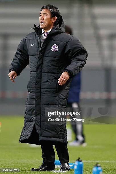 Sanfrecce Hiroshima coach Hajime Moriyasu looks on during the FIFA Club World Cup Quarter Final match between Sanfrecce Hiroshima and Al-Ahly SC at...