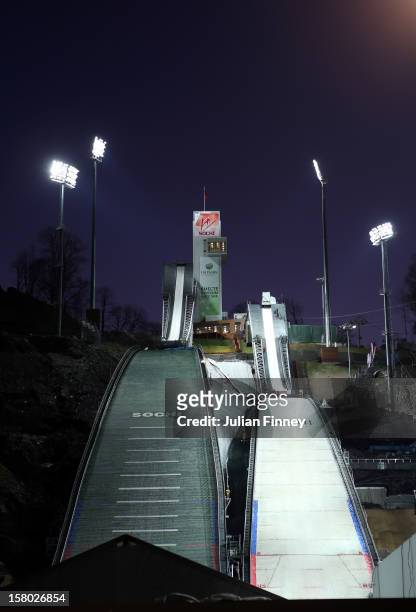 General view of RusSki Gorki Ski Jump which will be used for the Ski Jumping event at the Sochi Winter Olympics 2014 during the FIS Ski Jumping World...