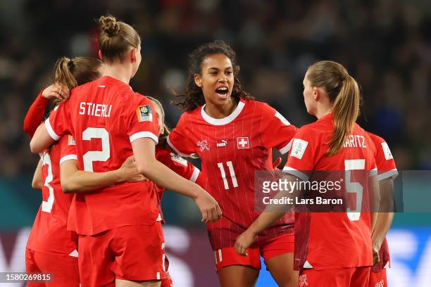 Switzerland players celebrate going through to the knock out stage after the scoreless draw in the FIFA Women's World Cup Australia & New Zealand...