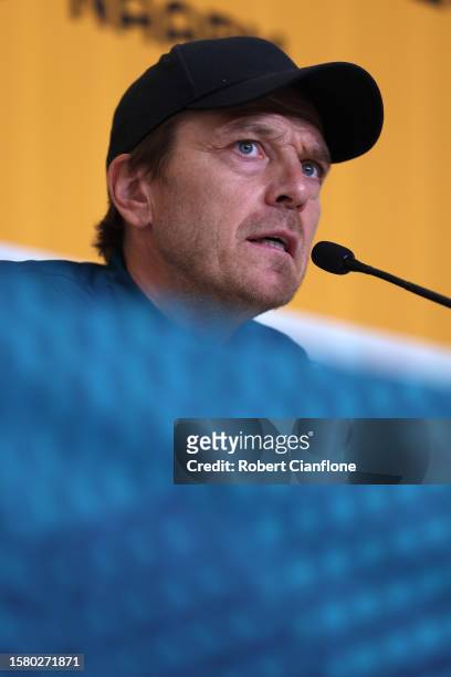 Matildas head coach Tony Gustavsson is seen during an Australia Matildas press conference during the FIFA Women's World Cup Australia & New Zealand...