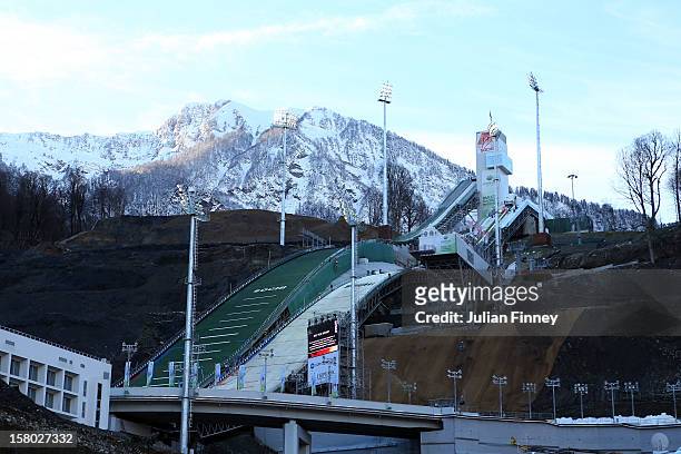 General view of RusSki Gorki Ski Jump which will be used for the Ski Jumping event at the Sochi Winter Olympics 2014 during the FIS Ski Jumping World...