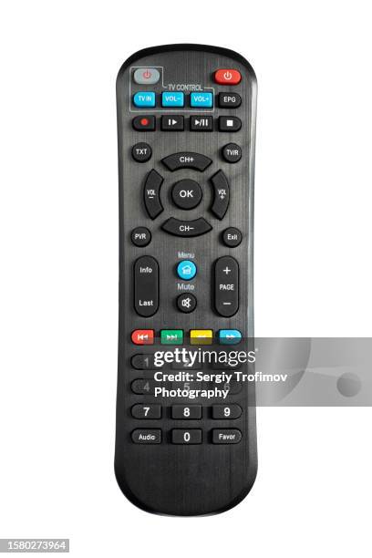 tv remote control with colorful buttons isolated on white - compliance and white and cutout no animals stock-fotos und bilder